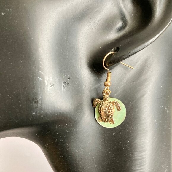 Gold Sea Turtle Shell Charm Earrings Plated Dangle Island Nautical Green Shells - Picture 3 of 8